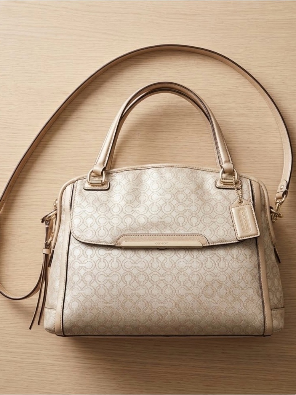 Coach Madison Op Art Convertible Satchel – Pearlescent Khaki
